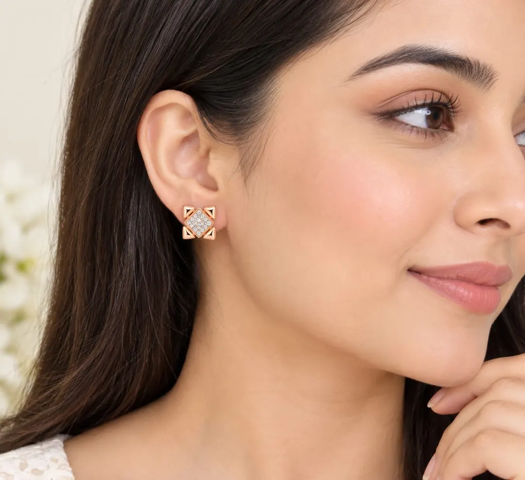 ROSE GOLD GEOMETRIC SQUARE CZ STUD EARRINGS