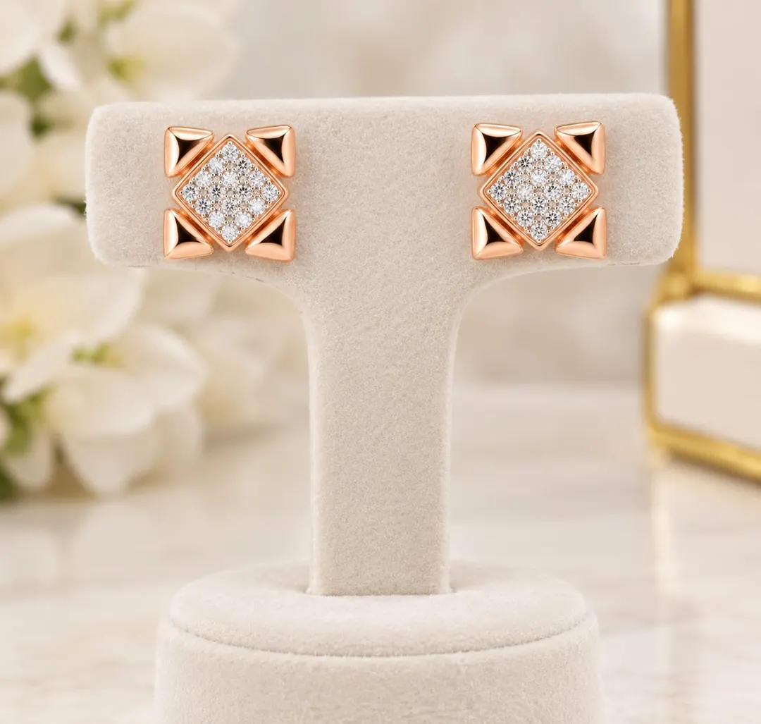 ROSE GOLD GEOMETRIC SQUARE CZ STUD EARRINGS