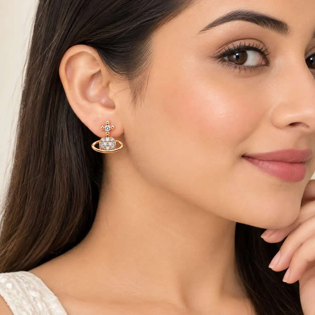ROSE GOLD SATURN PLATED CZ DROP EARRINGS