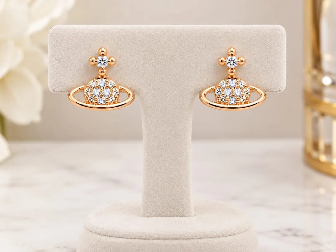 ROSE GOLD SATURN PLATED CZ DROP EARRINGS