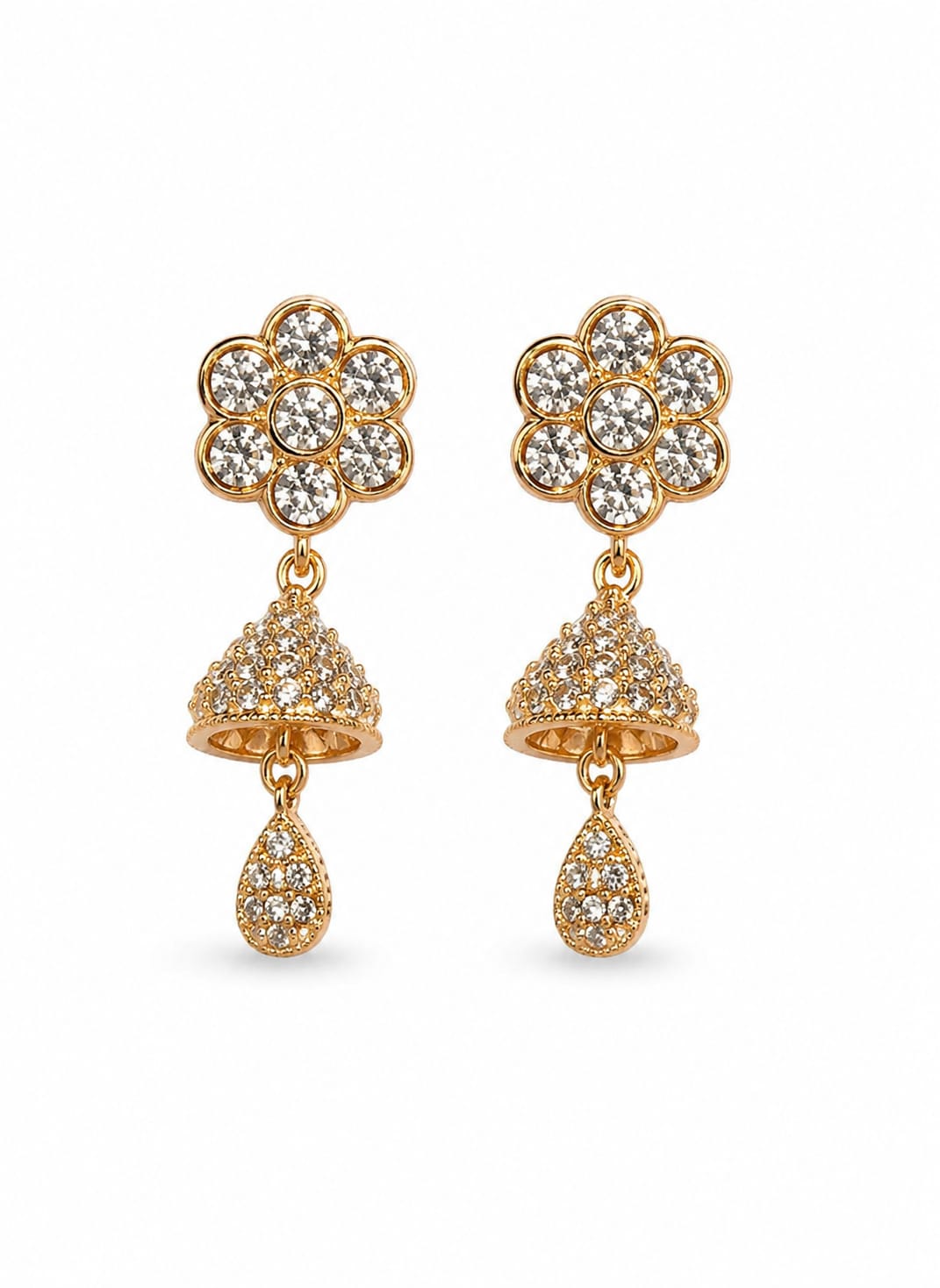 GOLD-PLATED FLORAL CZ STONE JHUMKA DROP EARRINGS