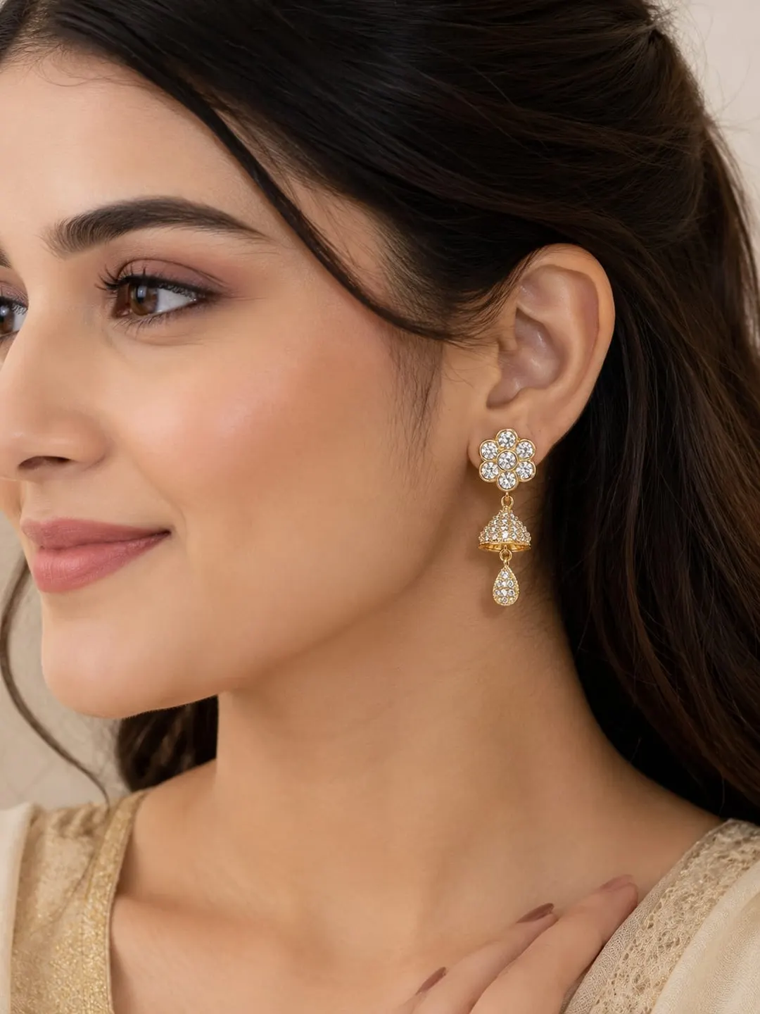 GOLD-PLATED FLORAL CZ STONE JHUMKA DROP EARRINGS