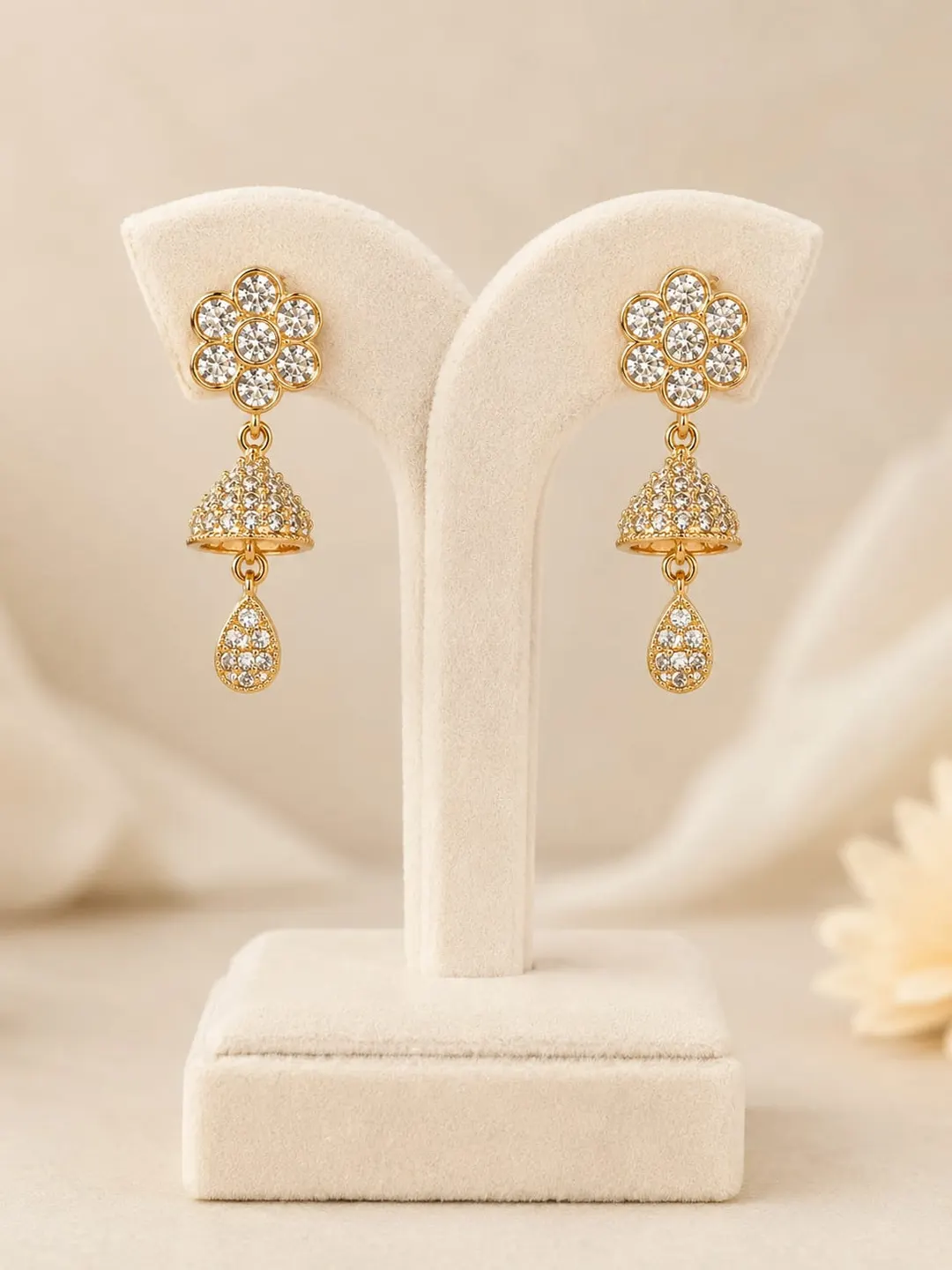 GOLD-PLATED FLORAL CZ STONE JHUMKA DROP EARRINGS