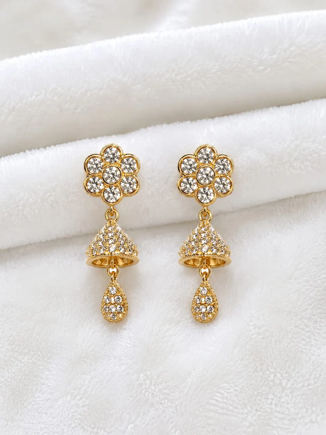GOLD-PLATED FLORAL CZ STONE JHUMKA DROP EARRINGS