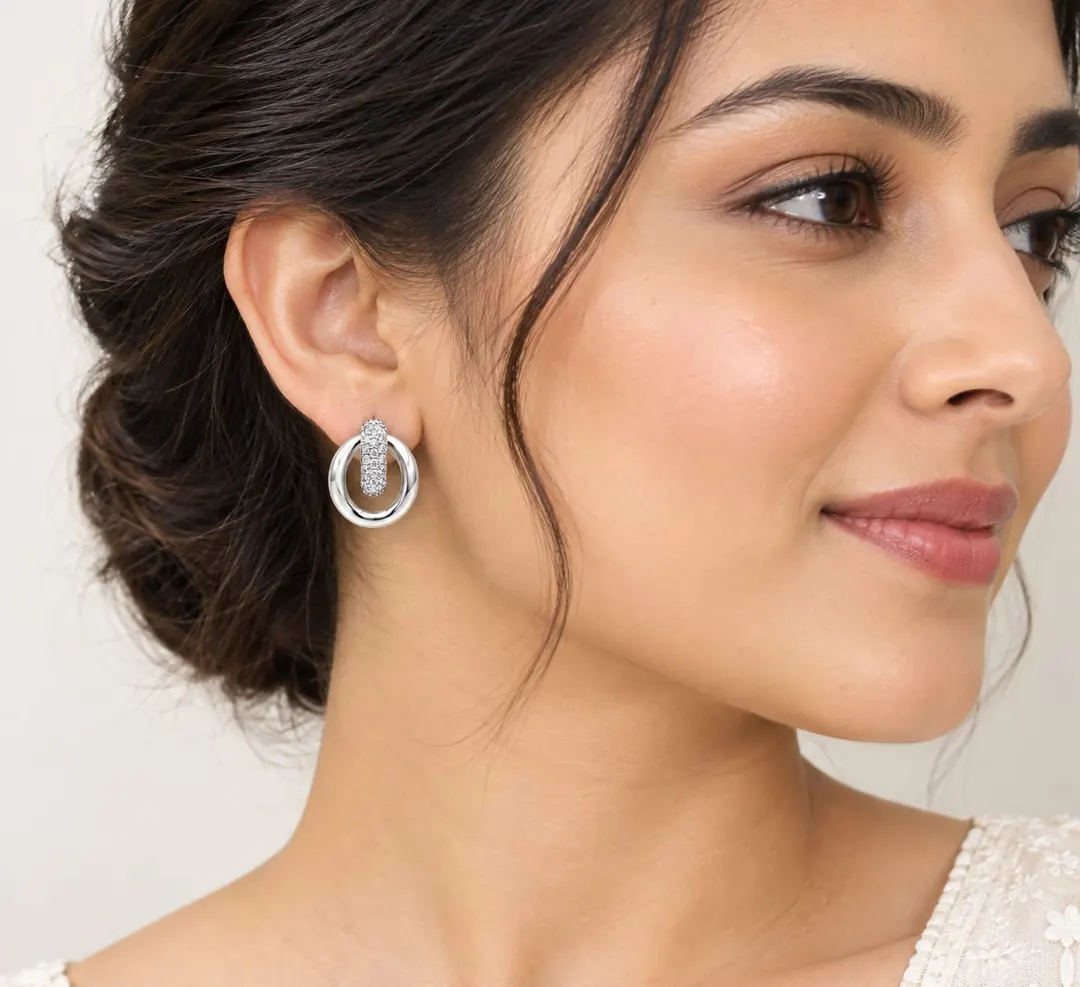 SILVER CRYSTAL OVAL HOOP STUD EARRINGS