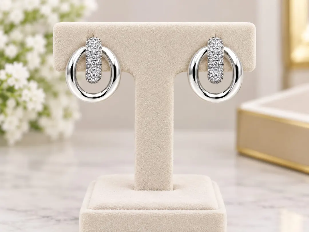 SILVER CRYSTAL OVAL HOOP STUD EARRINGS