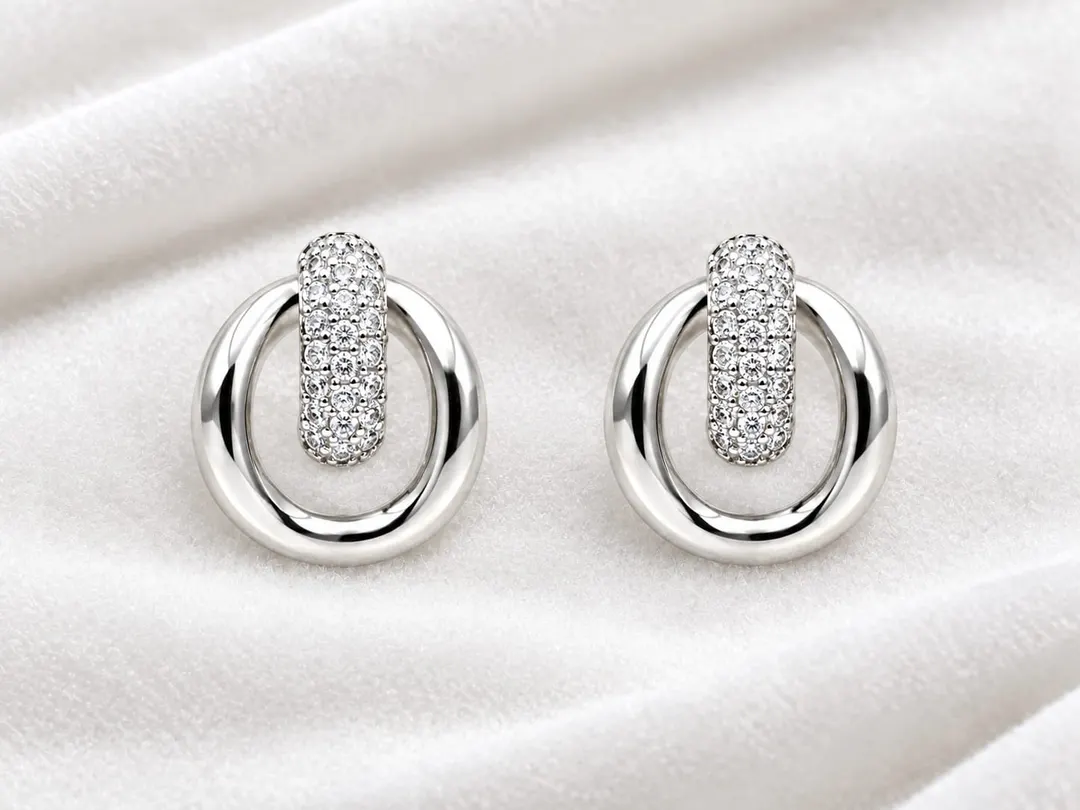 SILVER CRYSTAL OVAL HOOP STUD EARRINGS