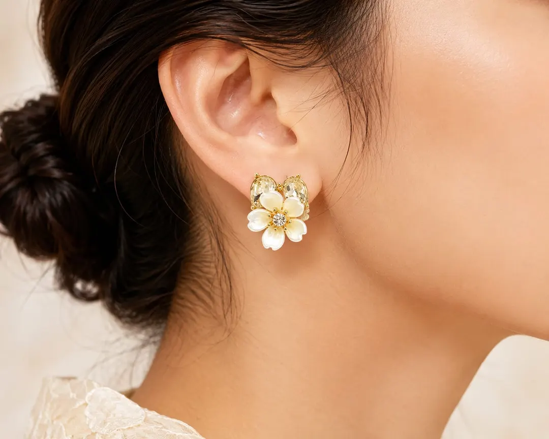 GOLD-PLATED FLORAL MOTHER-OF-PEARL STUD EARRINGS