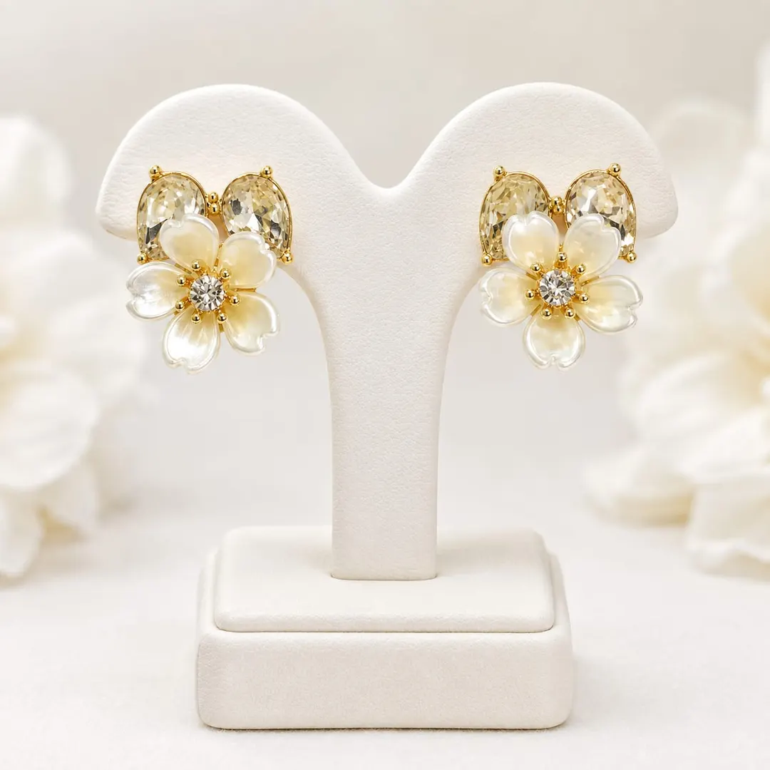 GOLD-PLATED FLORAL MOTHER-OF-PEARL STUD EARRINGS