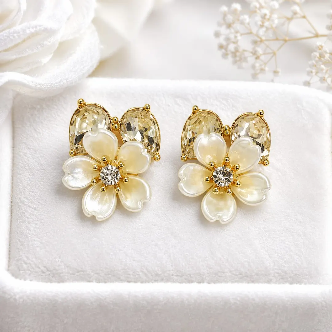 GOLD-PLATED FLORAL MOTHER-OF-PEARL STUD EARRINGS