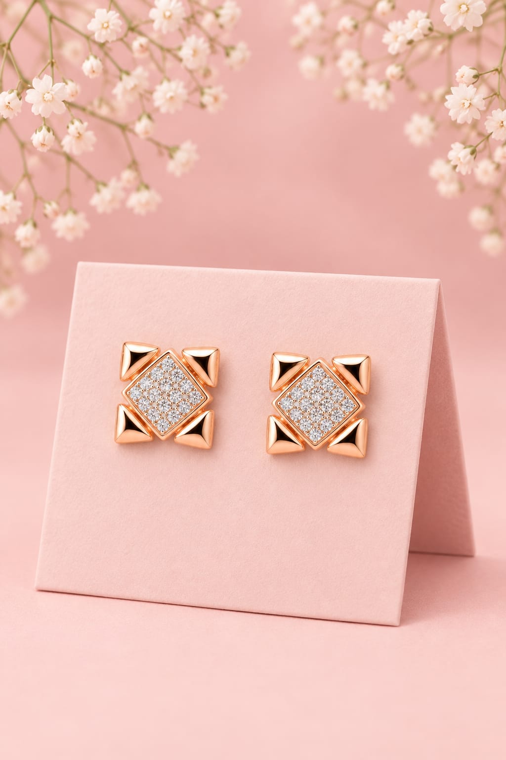ROSE GOLD GEOMETRIC SQUARE CZ STUD EARRINGS
