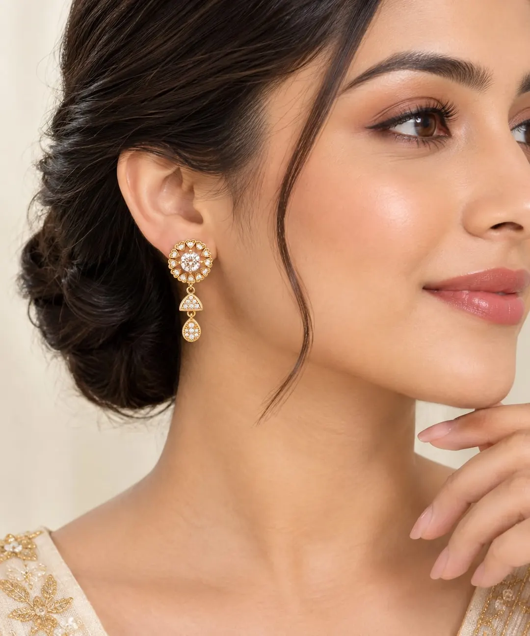 GOLDEN FLORAL CRYSTAL TRIPLE-DROP EARRINGS