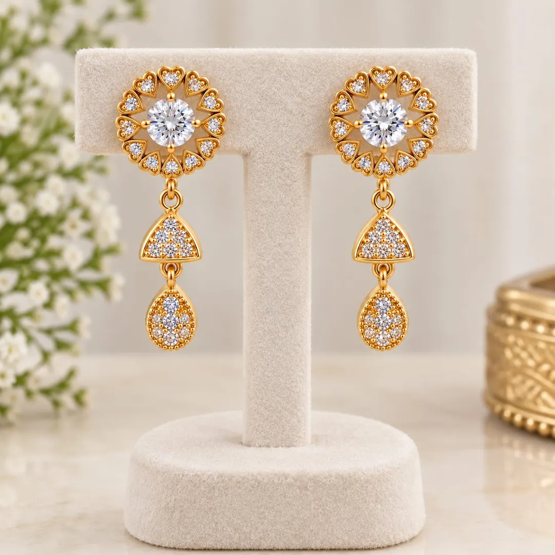 GOLDEN FLORAL CRYSTAL TRIPLE-DROP EARRINGS