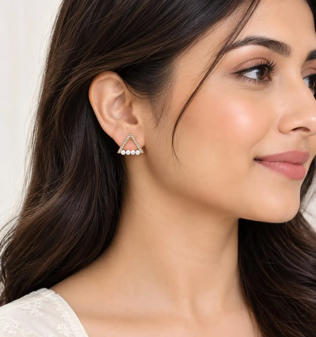 GOLD-TONE TRIANGLE PEARL & CRYSTAL STUD EARRINGS