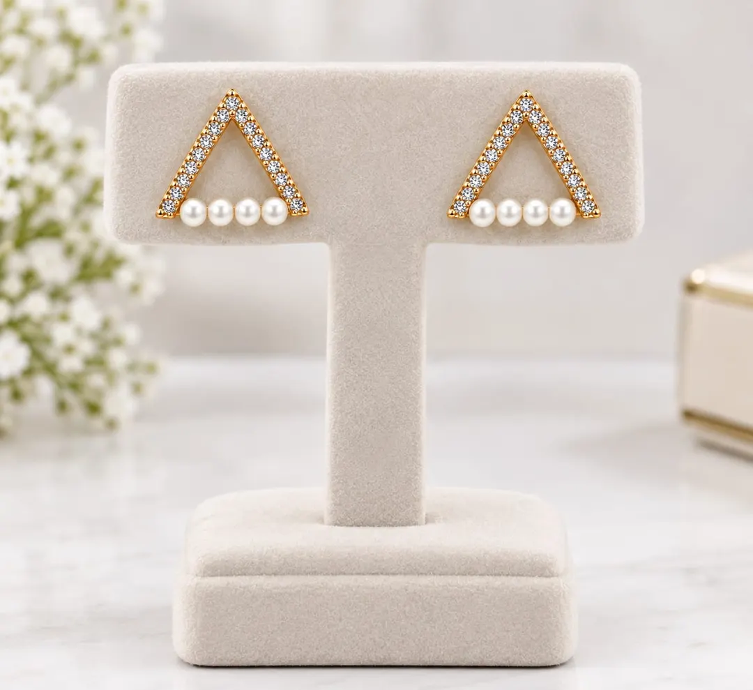 GOLD-TONE TRIANGLE PEARL & CRYSTAL STUD EARRINGS