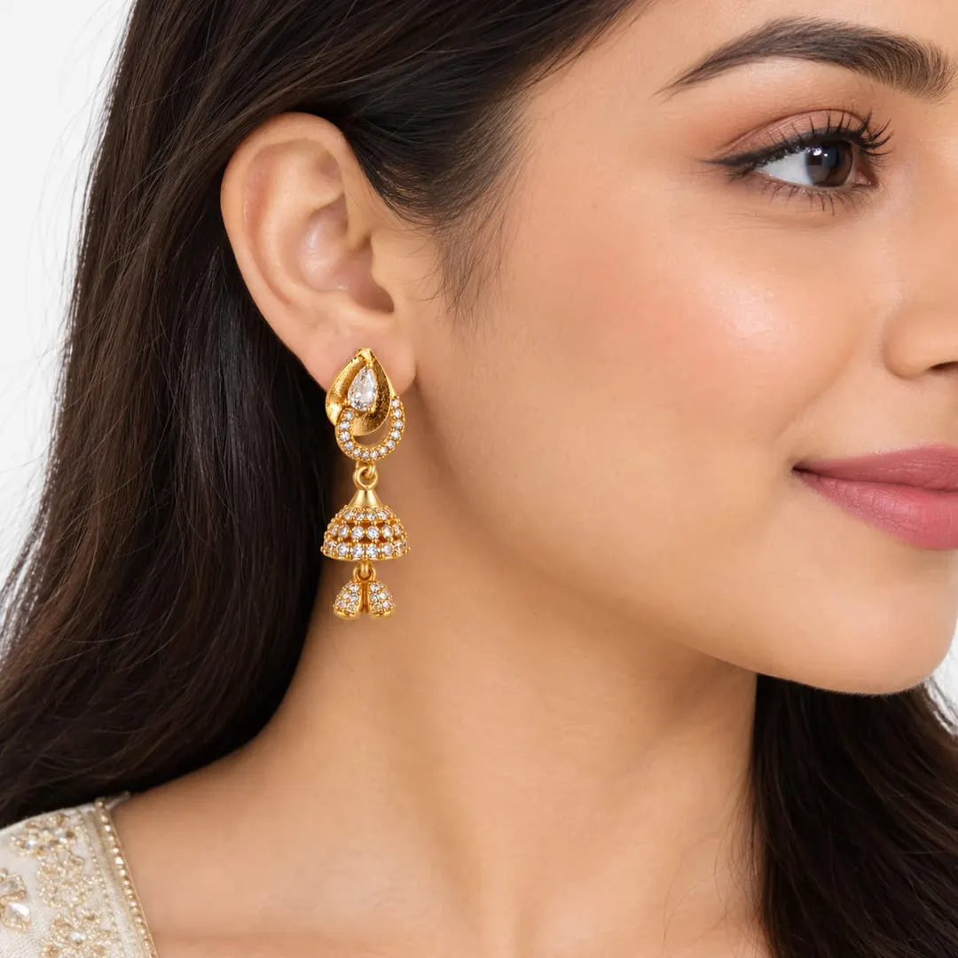 GOLD-PLATED TEARDROP CZ STUDDED JHUMKA EARRINGS