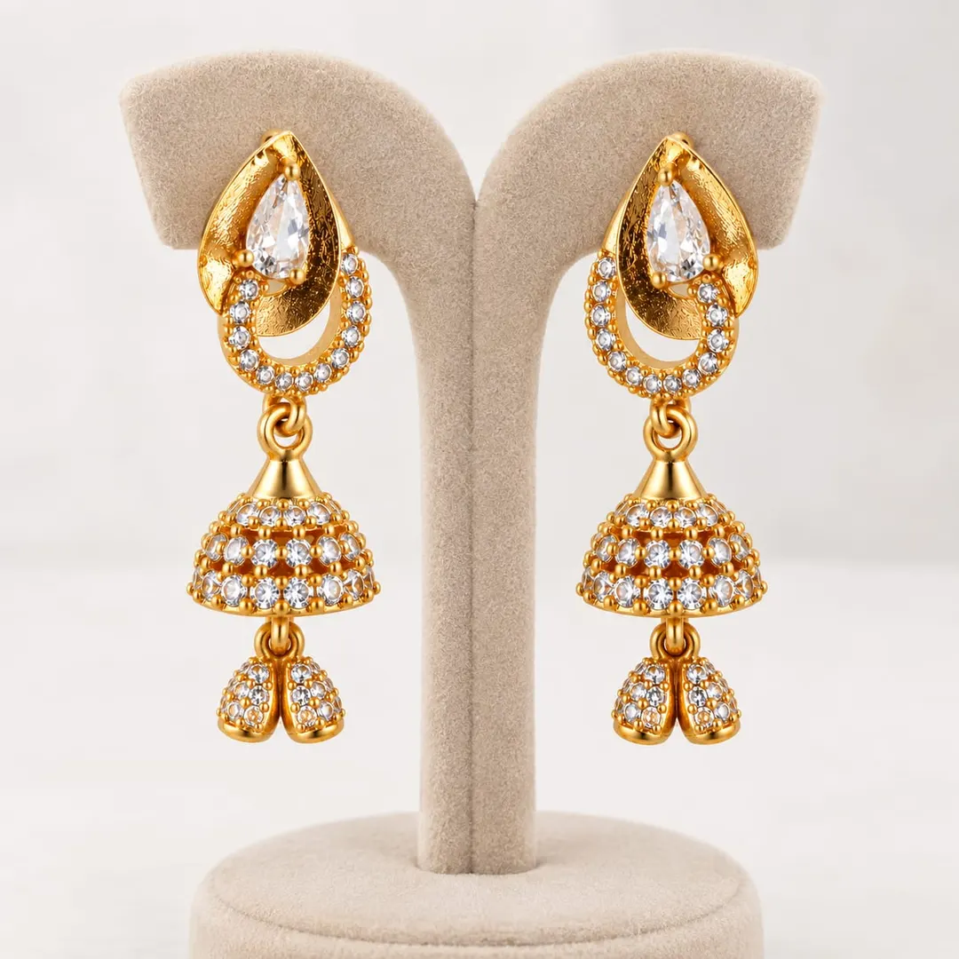 GOLD-PLATED TEARDROP CZ STUDDED JHUMKA EARRINGS