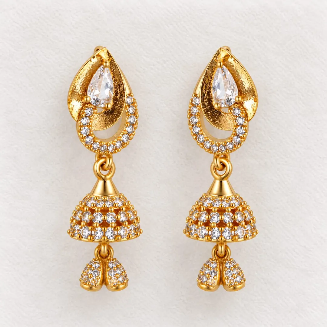 GOLD-PLATED TEARDROP CZ STUDDED JHUMKA EARRINGS