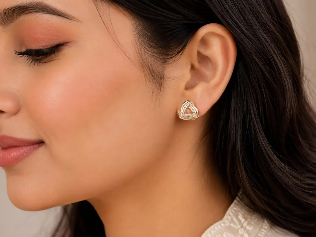 GOLDEN GEOMETRIC CRYSTAL KNOT STUD EARRINGS