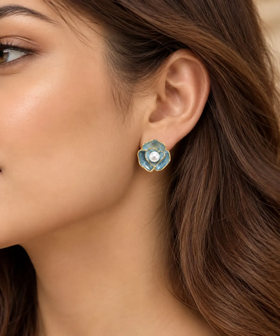 BLUE ENAMEL FLOWER PEARL EARRINGS