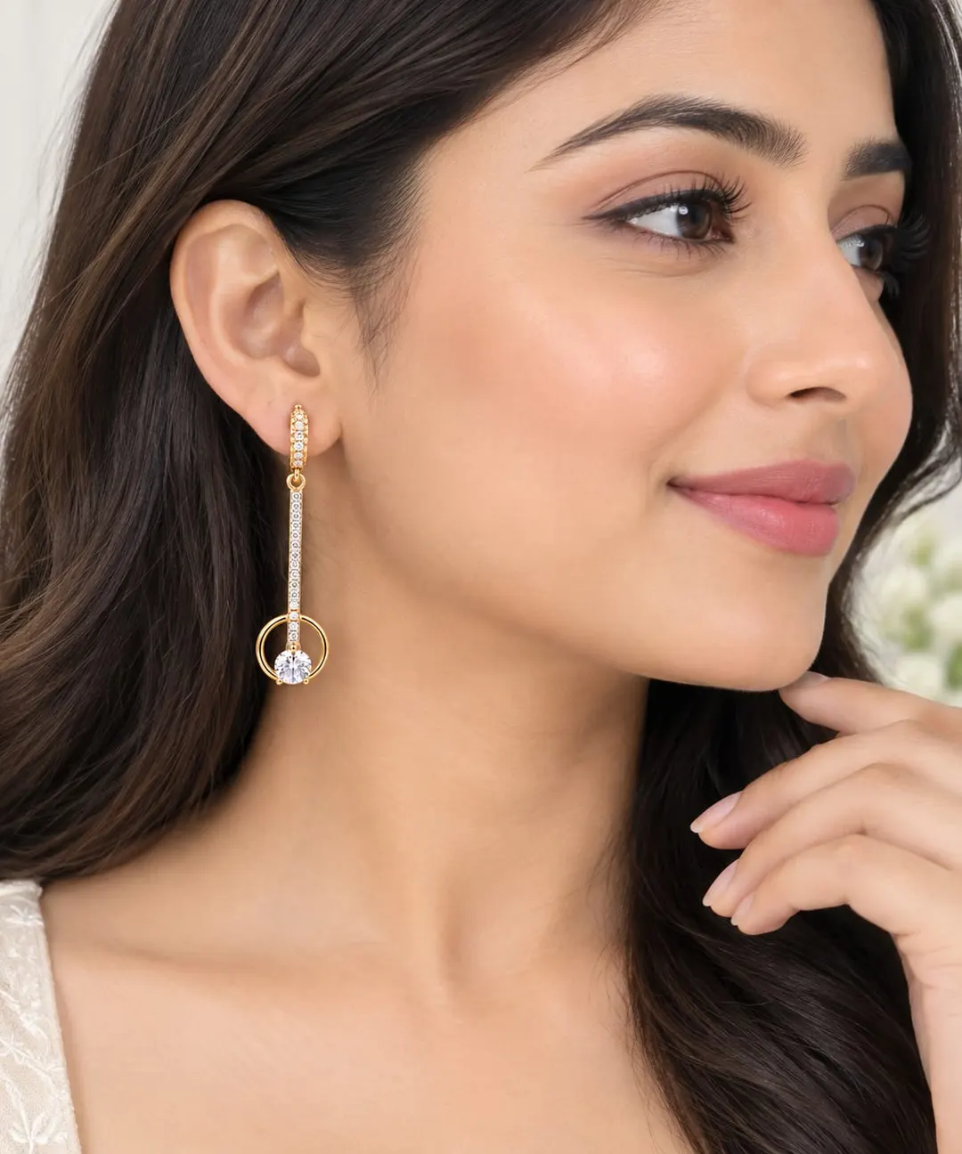 ELEGANT GOLD-TONE CRYSTAL DROP HOOP EARRINGS
