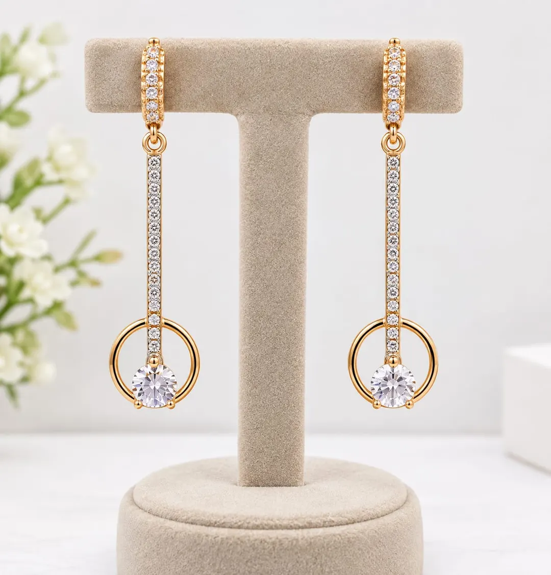 ELEGANT GOLD-TONE CRYSTAL DROP HOOP EARRINGS