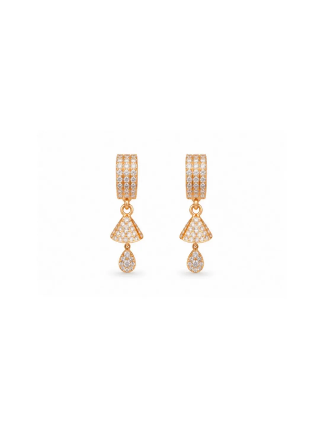 GOLD-PLATED CZ STUDDED GEOMETRIC DROP EARRINGS.