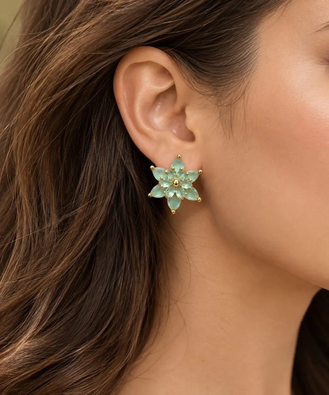 AQUA BLUE FLORAL FLOWER STUD EARRINGS