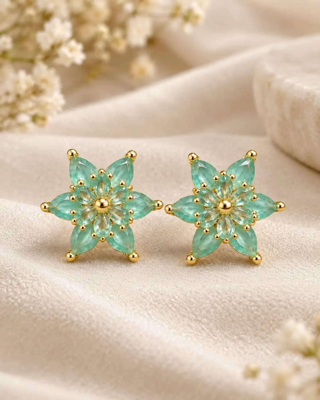 AQUA BLUE FLORAL FLOWER STUD EARRINGS