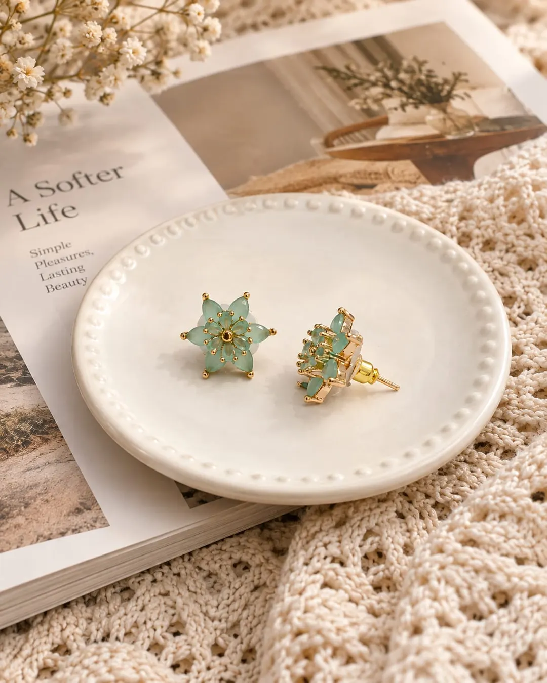 AQUA BLUE FLORAL FLOWER STUD EARRINGS