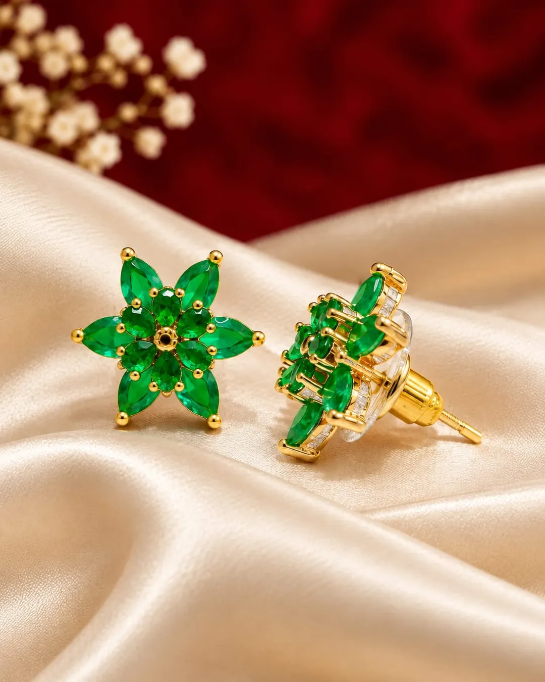 EMERALD BLOOM GREEN FLORAL STUD EARRINGS