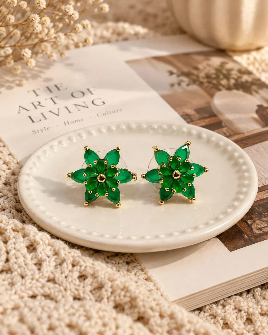 EMERALD BLOOM GREEN FLORAL STUD EARRINGS