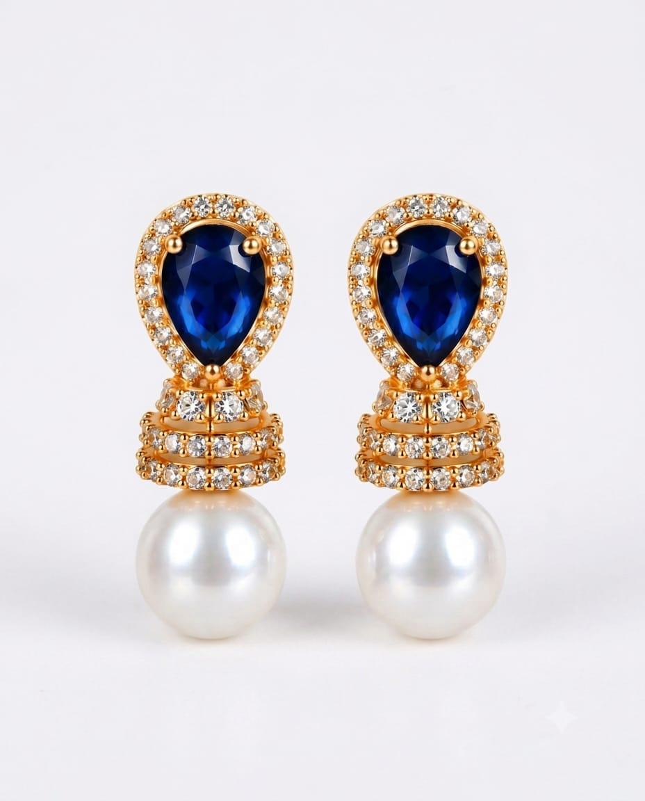GOLD-PLATED BLUE TEARDROP CRYSTAL & PEARL DROP EARRINGS