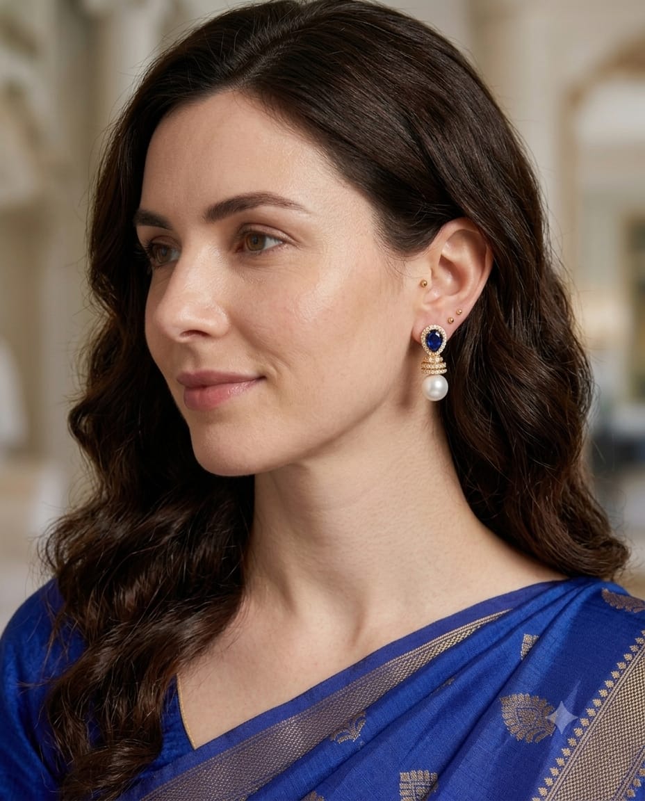 GOLD-PLATED BLUE TEARDROP CRYSTAL & PEARL DROP EARRINGS