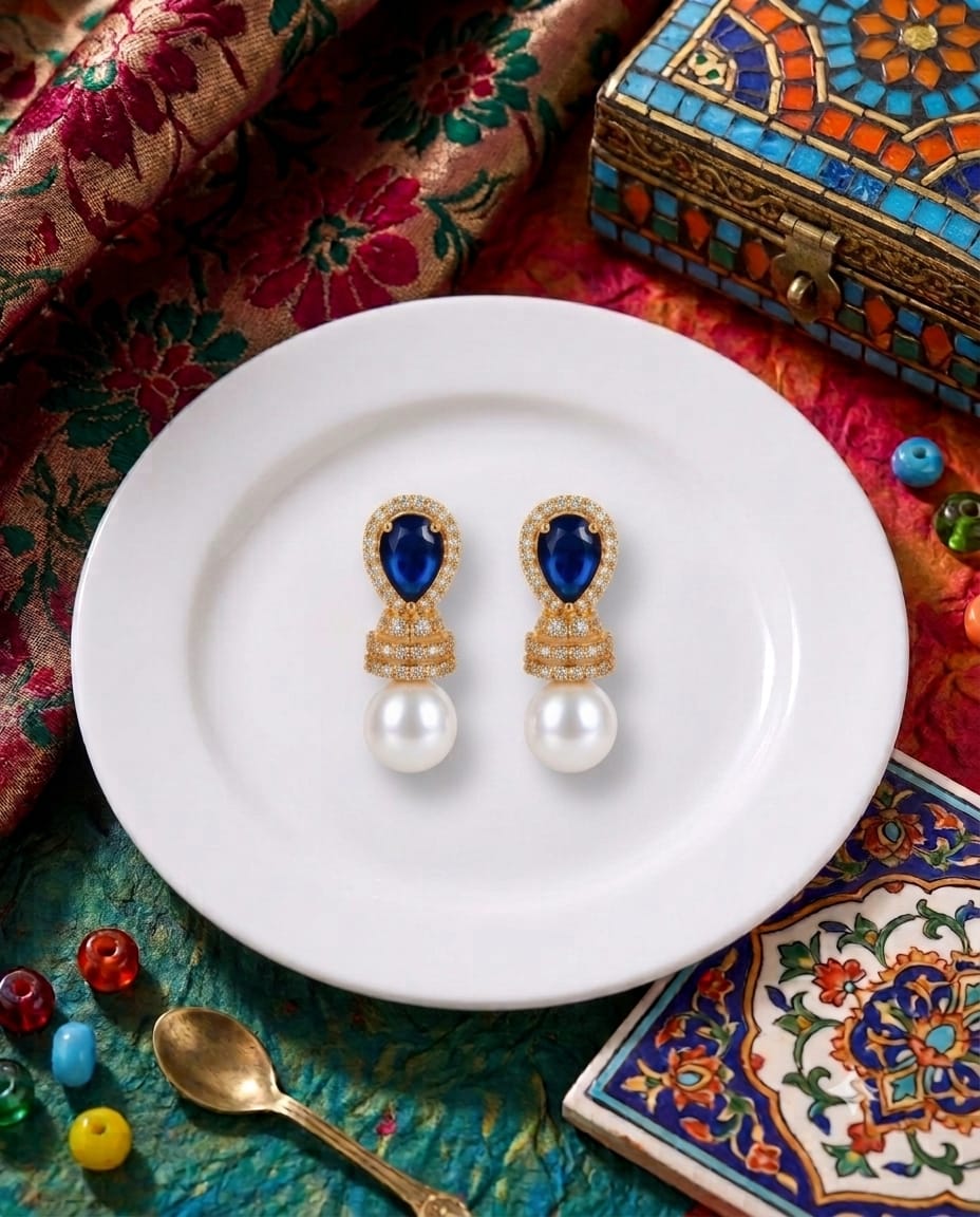 GOLD-PLATED BLUE TEARDROP CRYSTAL & PEARL DROP EARRINGS