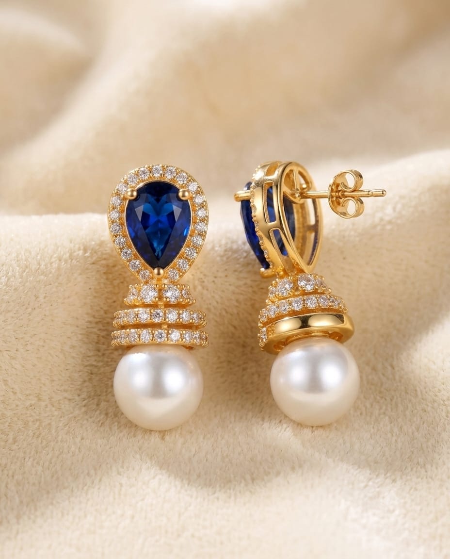 GOLD-PLATED BLUE TEARDROP CRYSTAL & PEARL DROP EARRINGS