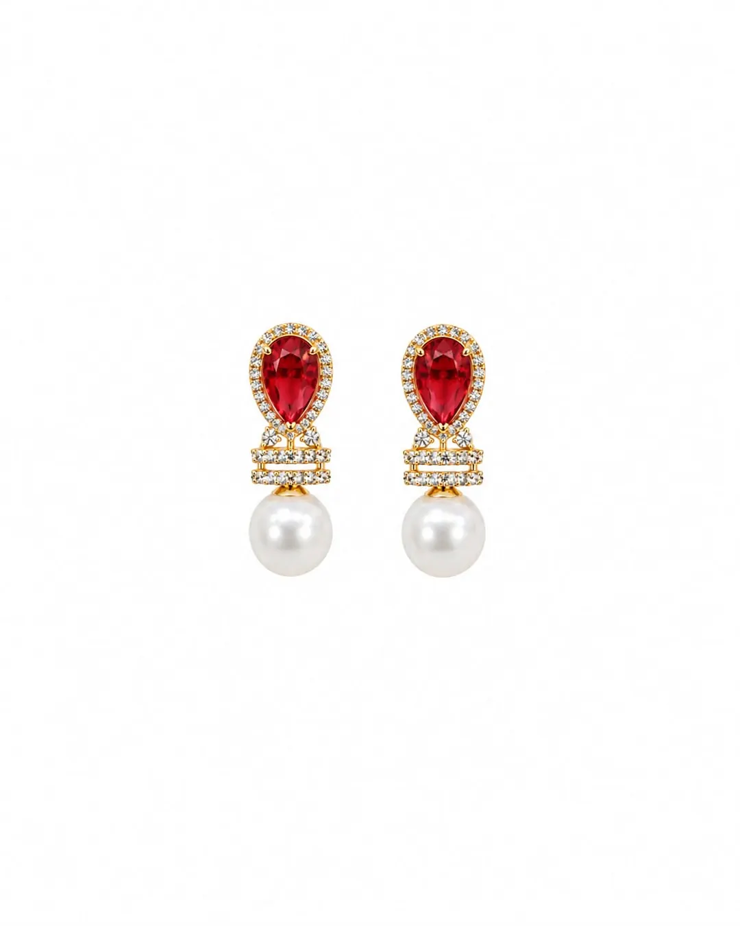 RED TEARDROP GEMSTONE PEARL DROP EARRINGS