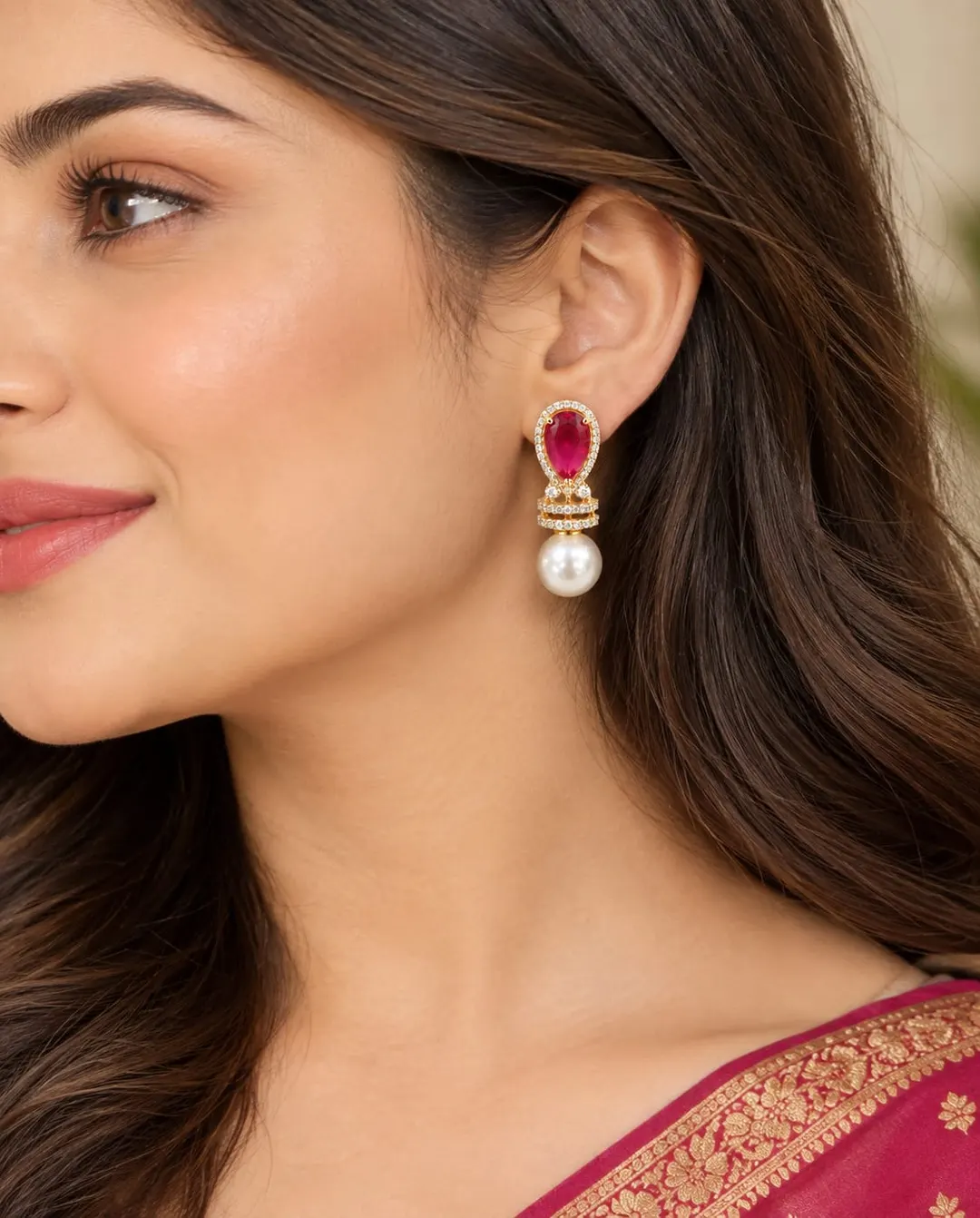 RED TEARDROP GEMSTONE PEARL DROP EARRINGS 