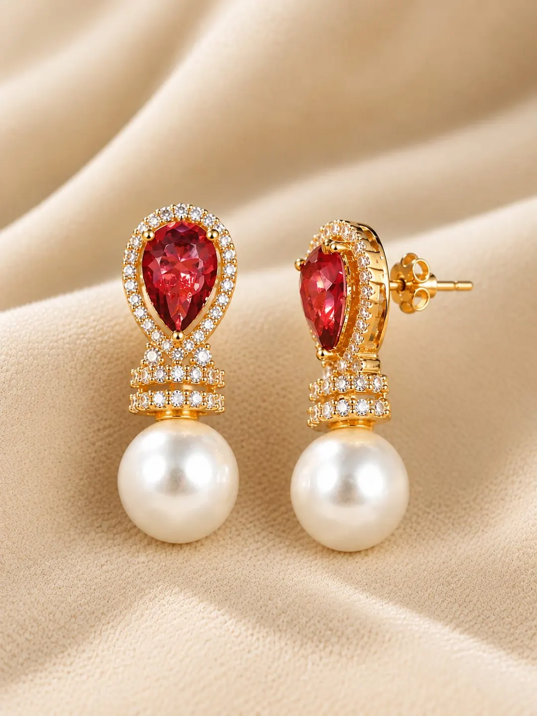 RED TEARDROP GEMSTONE PEARL DROP EARRINGS 