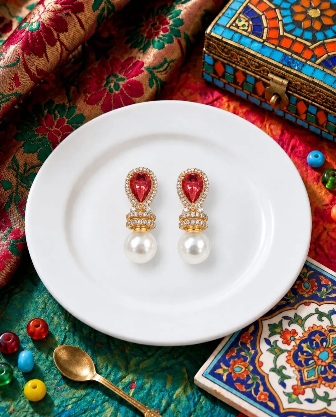 RED TEARDROP GEMSTONE PEARL DROP EARRINGS 