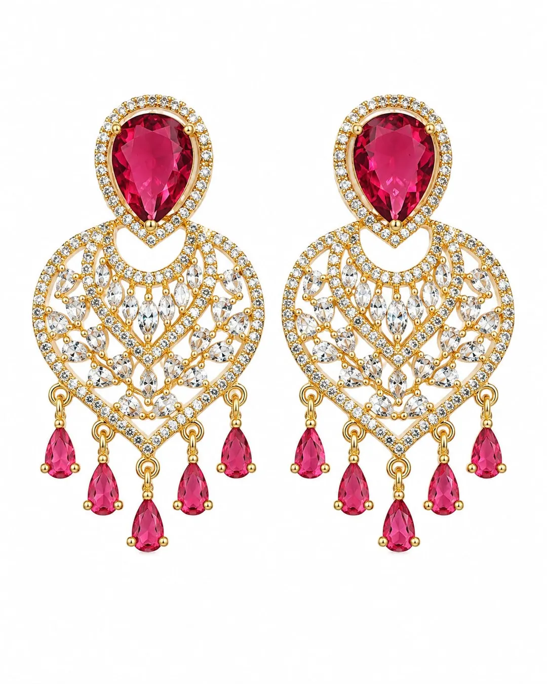 RUBY RED HEART & LEAF  CHANDELIER EARRINGS