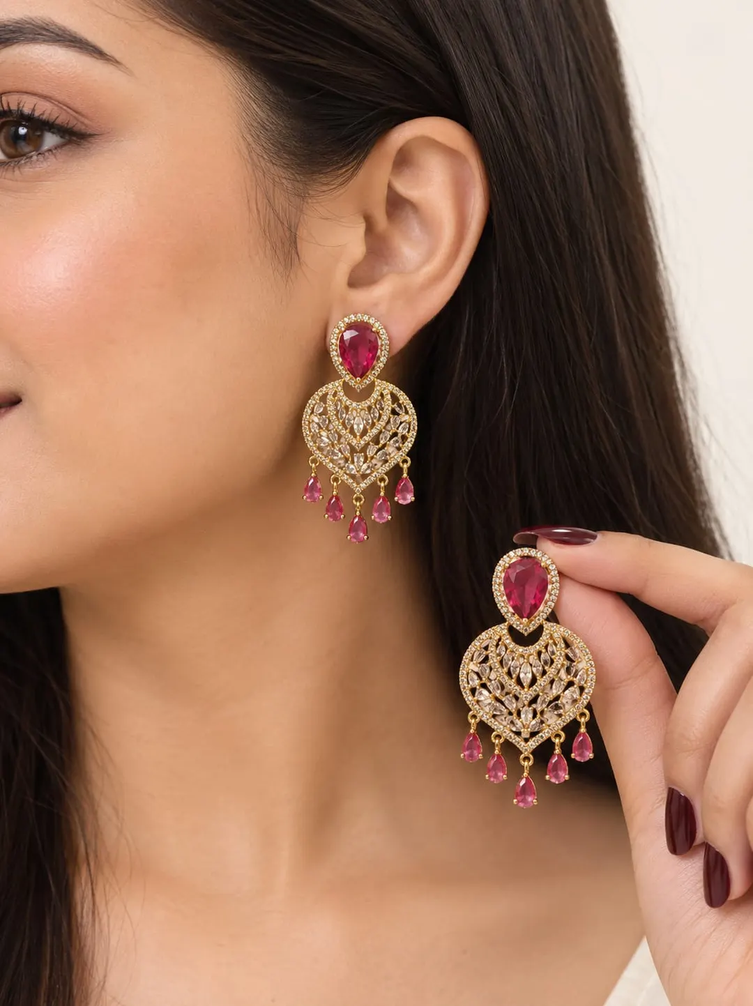 RUBY RED HEART & LEAF  CHANDELIER EARRINGS