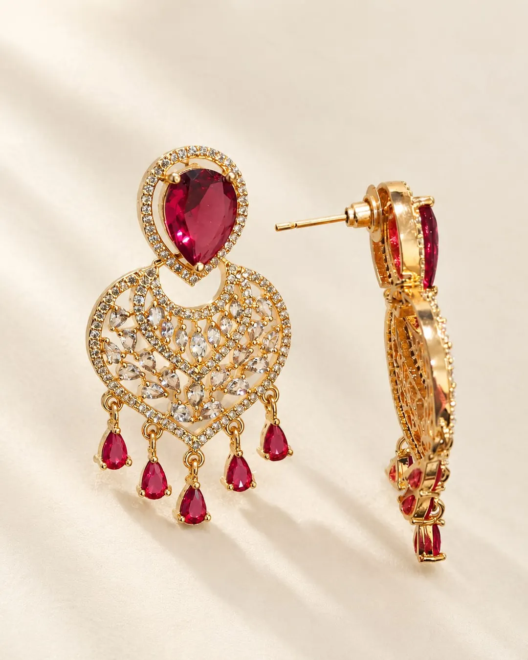 RUBY RED HEART & LEAF  CHANDELIER EARRINGS