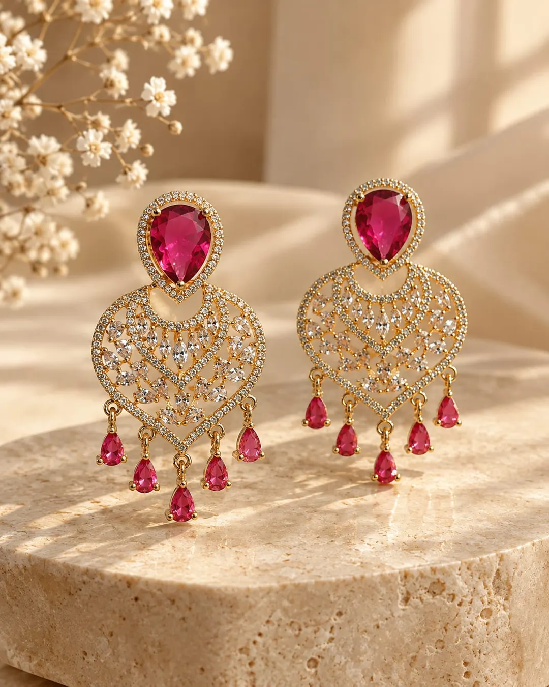 RUBY RED HEART & LEAF  CHANDELIER EARRINGS