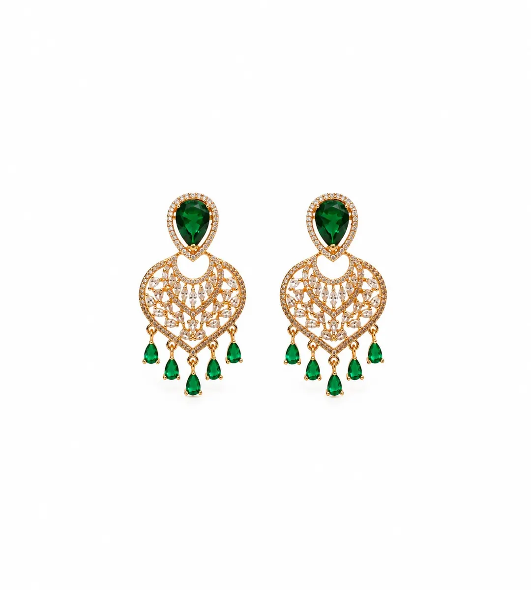 ROYAL EMERALD GREEN GOLD-TONE FILIGREE CHANDELIER EARRINGS