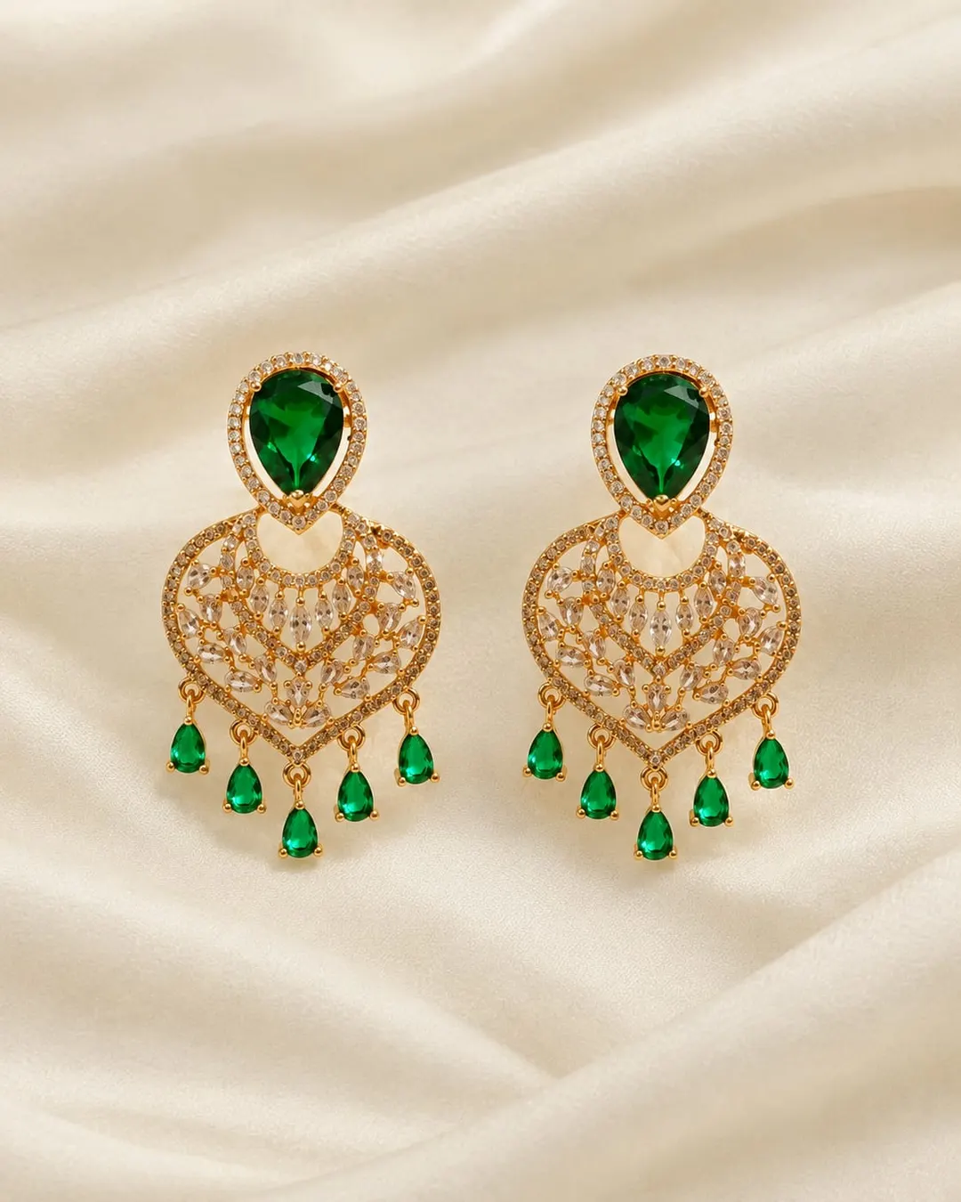 ROYAL EMERALD GREEN GOLD-TONE FILIGREE CHANDELIER EARRINGS