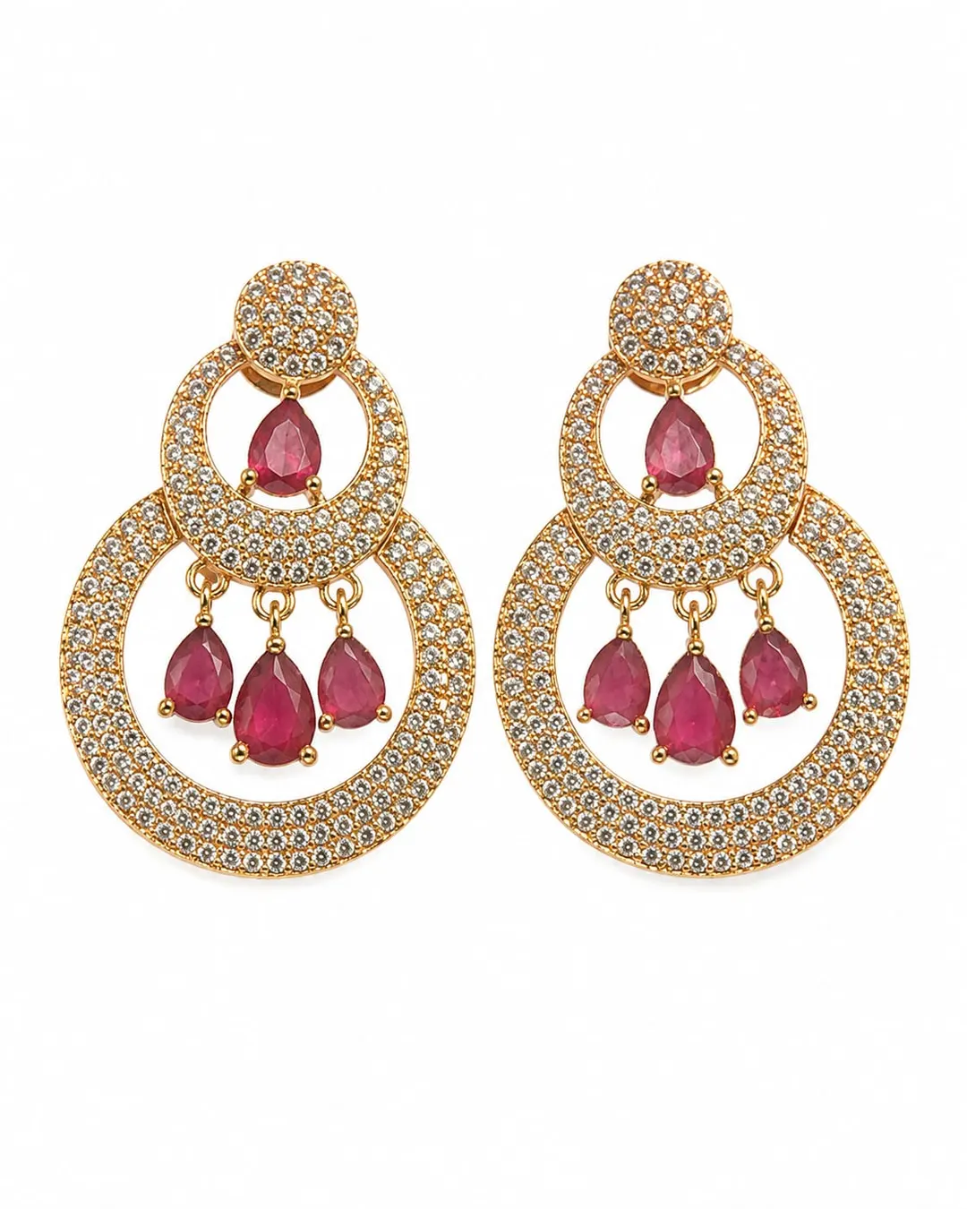GOLD-PLATED RUBY CZ DOUBLE HOOP CHANDELIER EARRINGS
