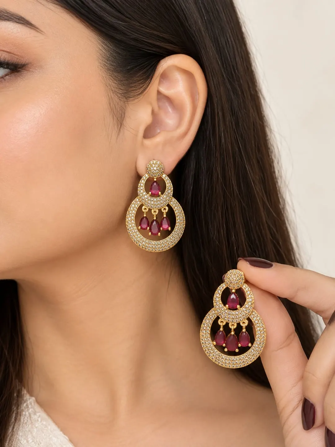 GOLD-PLATED RUBY CZ DOUBLE HOOP CHANDELIER EARRINGS