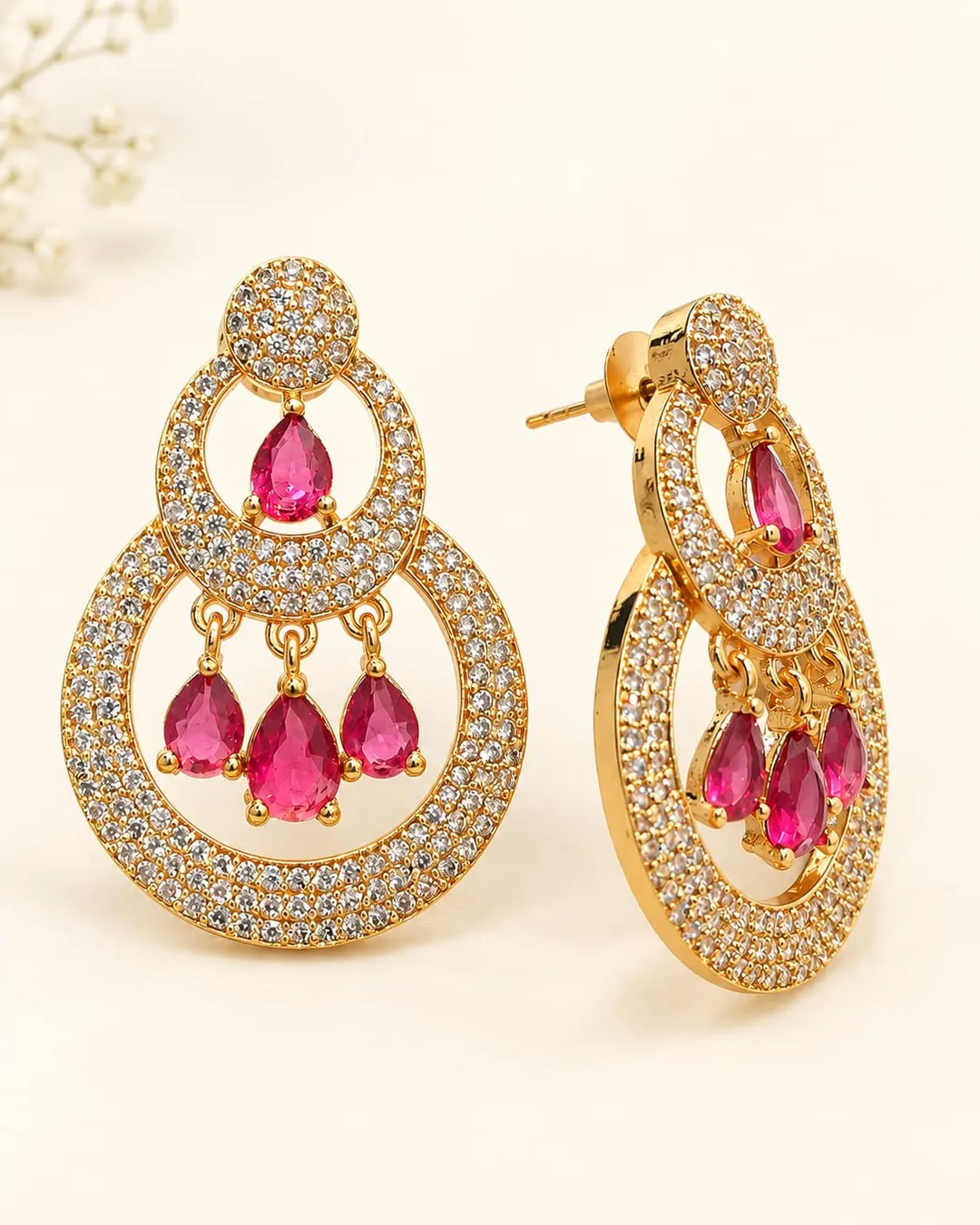 GOLD-PLATED RUBY CZ DOUBLE HOOP CHANDELIER EARRINGS
