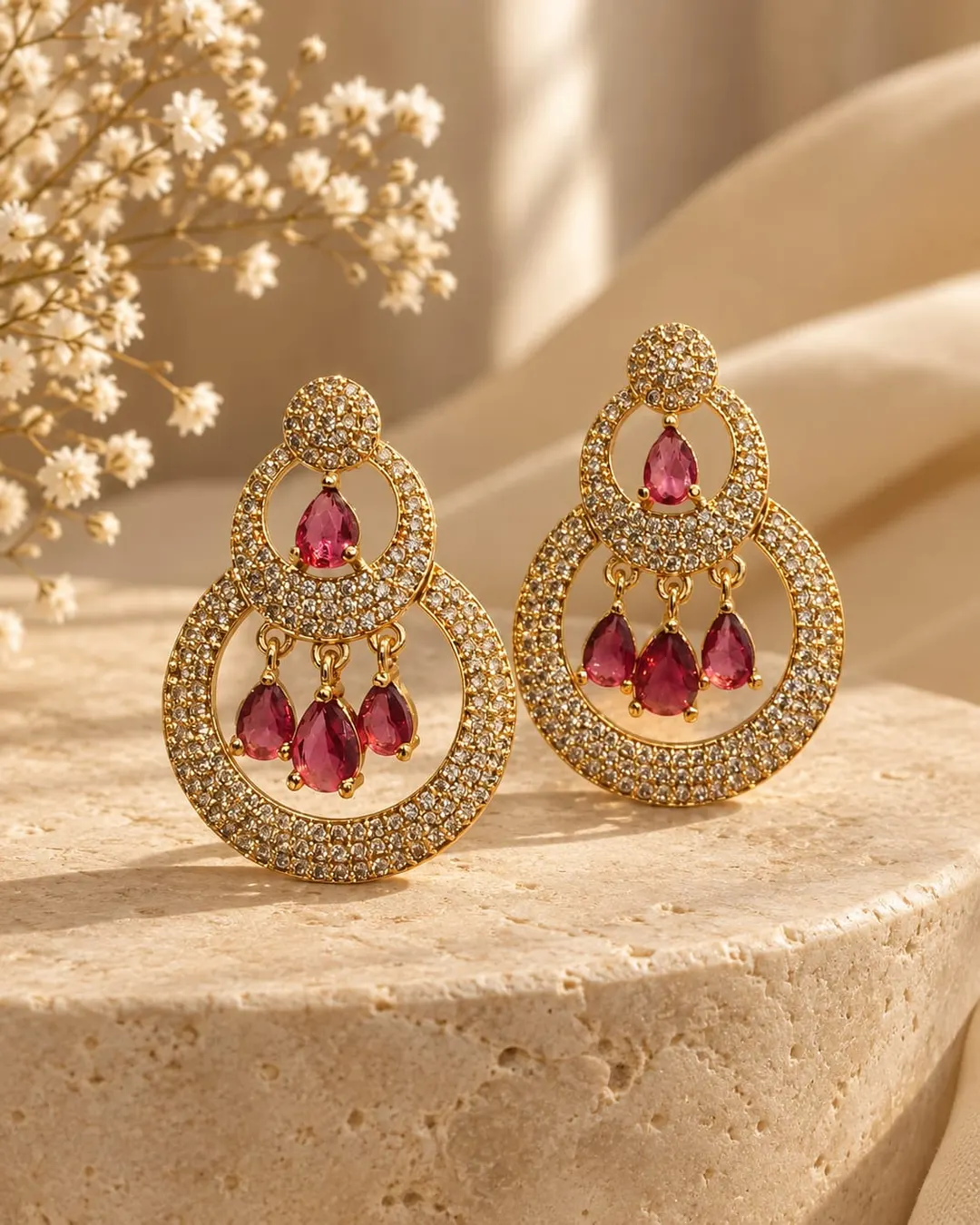 GOLD-PLATED RUBY CZ DOUBLE HOOP CHANDELIER EARRINGS